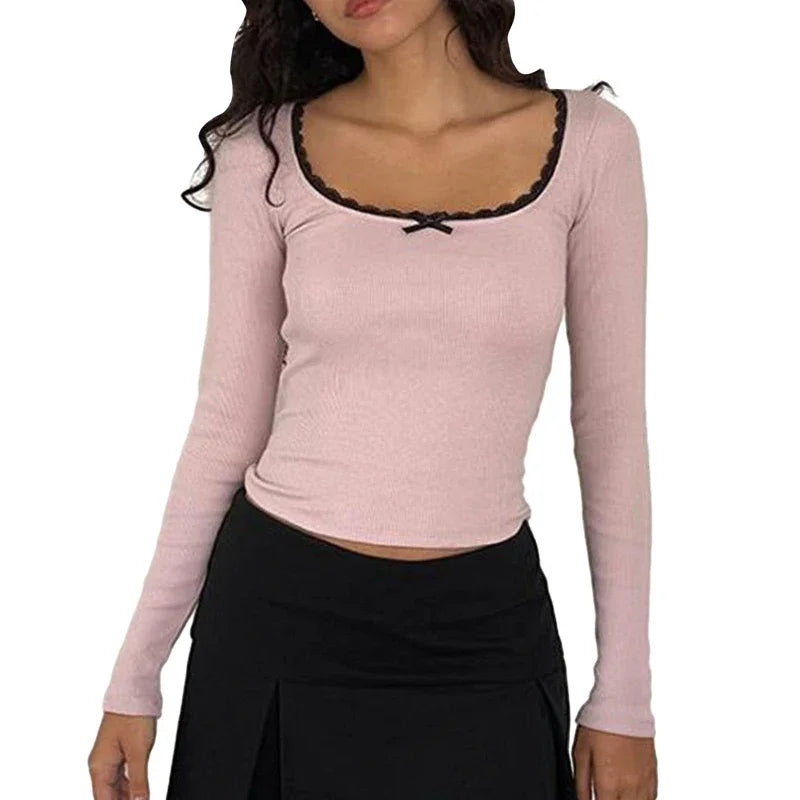 Long Sleeve Square Frill Neck Ribbed Slim Top