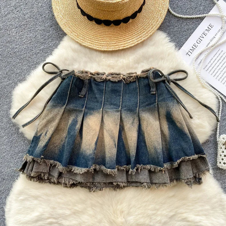 Washed Denim Mini Skirt with Bow detailing