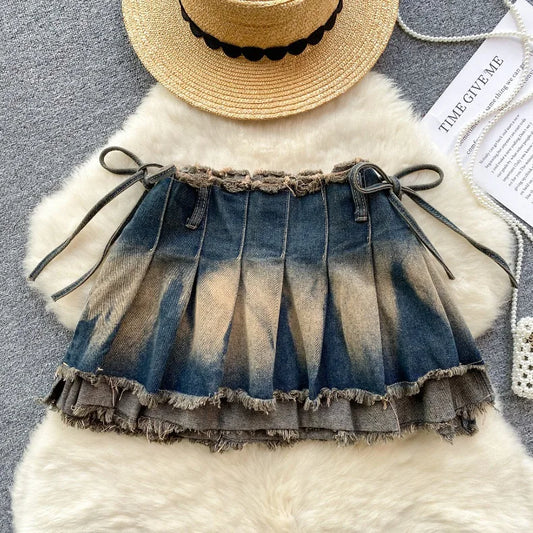 Washed Denim Mini Skirt with Bow detailing