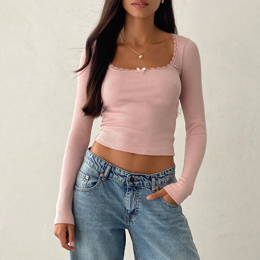 Long Sleeve Square Frill Neck Ribbed Slim Top