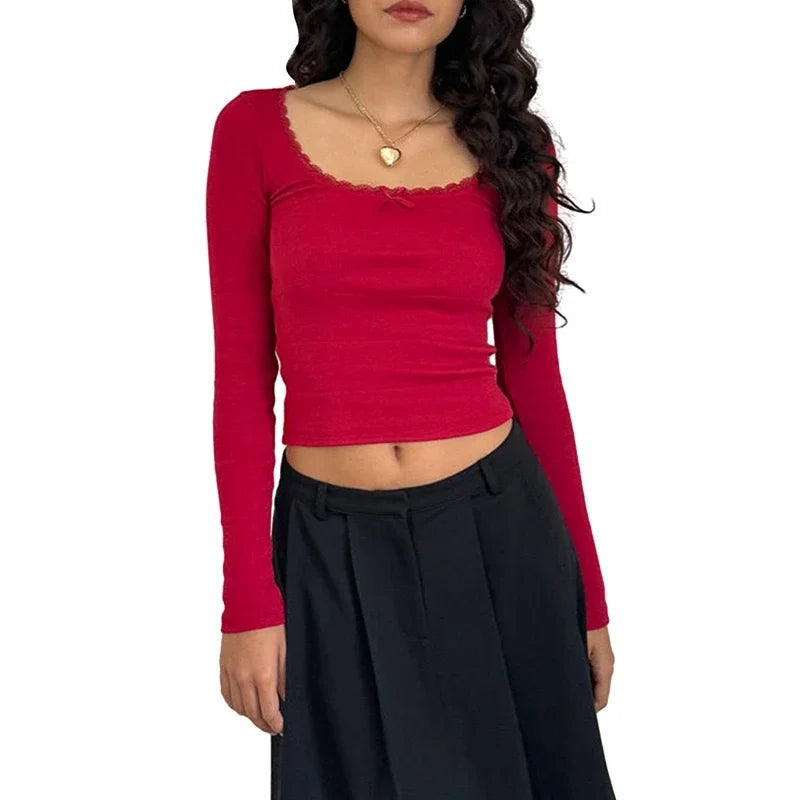 Long Sleeve Square Frill Neck Ribbed Slim Top