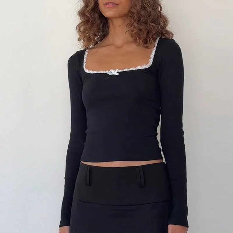 Long Sleeve Square Frill Neck Ribbed Slim Top
