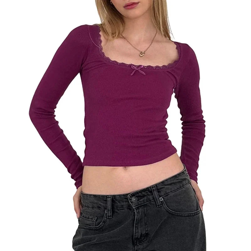 Long Sleeve Square Frill Neck Ribbed Slim Top