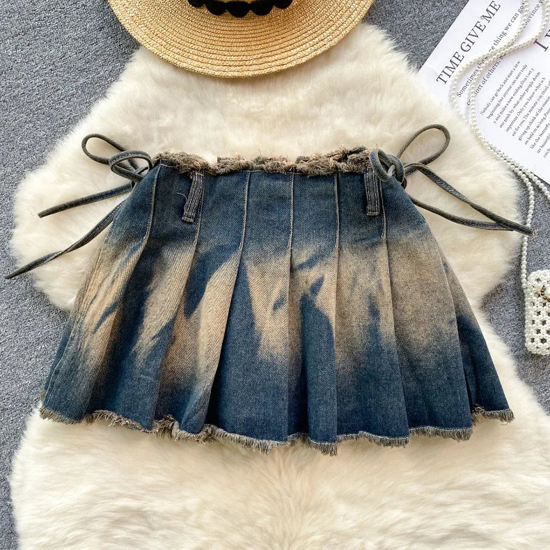 Washed Denim Mini Skirt with Bow detailing